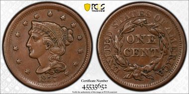 1857 1C Small Date AU53BN
