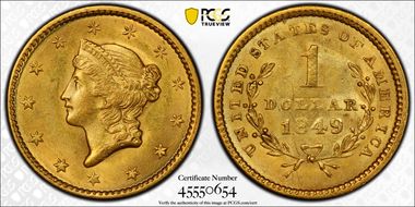 1849 G$1 Open Wreath MS62