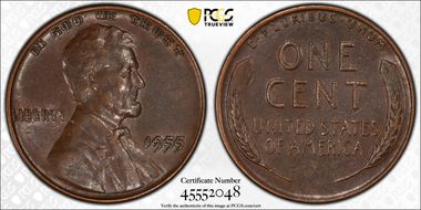 1955 1C Doubled Die Obverse, FS-101 AU50BN