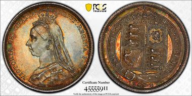 1887 6D S-3928 Shield Rev MS65