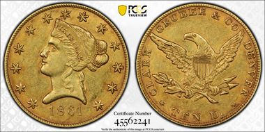1861 $10 Clark, Gruber & Co. AU55