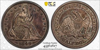 1849 50C WB-6, FS-301 Dramatically Doubled Date AU50