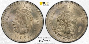 1948-Mo 5 Peso Cuauhtemoc KM-465  Ag MS64