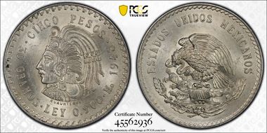 1948-Mo 5 Peso Cuauhtemoc KM-465  Ag MS64