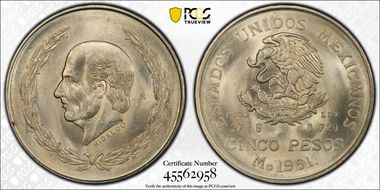 1951-Mo 5 Peso Hildago KM-467  Ag MS65