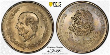 1952-Mo 5 Peso Hidalgo KM-467  Ag MS65