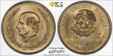 1953-Mo 5 Peso Hidalgo KM-468  Ag MS65