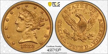 1882 $5 AU50