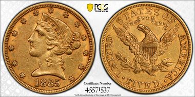 1885 $5 AU50