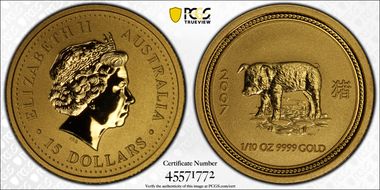 2007 $15 Year of the Pig 1/10oz Au MS69