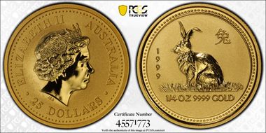 1999 $25 Year of the Rabbit 1/4oz Au MS70