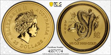 2001 $25 Year of the Snake 1/4oz Au MS69