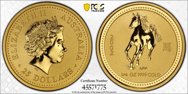 2002 $25 Year of the Horse 1/4oz Au MS70