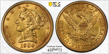 1906 $5 AU58