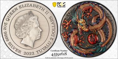 2022 $2 Dragon Antique Finish Colorized First Strike MS70
