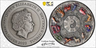 2022 $5 12 Lunar Animals 5oz Ag Antique Finish First Strike MS69