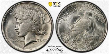 1921 $1 High Relief, Peace AU58