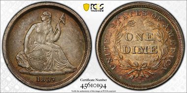 1837 10C Seated, Small Date AU50