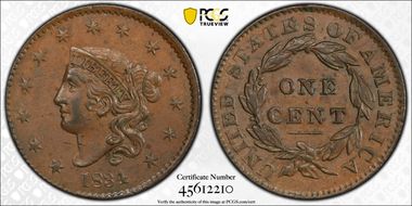 1834 1C Lg 8, Sm Stars, Med Let AU58BN