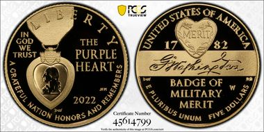 2022-W $5 National Purple Heart Hall of Honor PR70DCAM