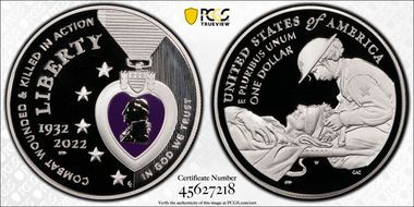 2022-W $1 National Purple Heart Hall of Honor Colorized First Strike PR70DCAM