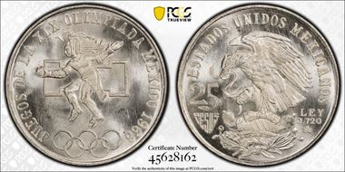 1968-Mo 25 Peso Olympic KM-479.1 Rings Align, Straight Tongue MS64