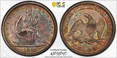 1842 50C Medium Date AU55