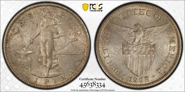 1908-S Peso KM-172  Ag AU58