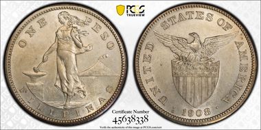 1908-S Peso KM-172  Ag AU55