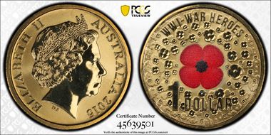 2015 $1 WWI War Heroes-Red Poppy Colorized MS69