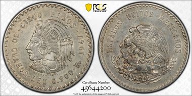 1947-Mo 5 Peso Cuauhtemoc KM-465 Ag N1