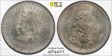 1948-Mo 5 Peso Cuauhtemoc KM-465  Ag MS64