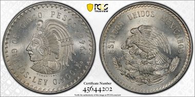 1948-Mo 5 Peso Cuauhtemoc KM-465  Ag MS65