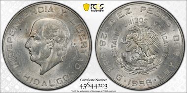 1956-Mo 10 Peso Hildago KM-474  Ag MS62