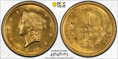 1849 G$1 Open Wreath MS62