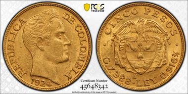 1924-B 5 Peso Restrepo-454.21 "B" Lt of Center MS62