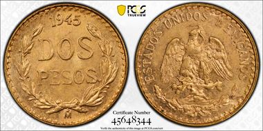 1945-Mo 2 Peso KM-461  Au MS64