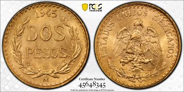 1945-Mo 2 Peso KM-461  Au MS66