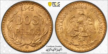 1945-Mo 2 Peso KM-461  Au MS65