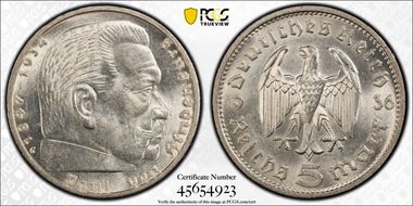 1936-G 5 Mk No Swastika J-360 MS63