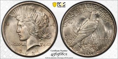 1921 $1 High Relief, Peace MS64
