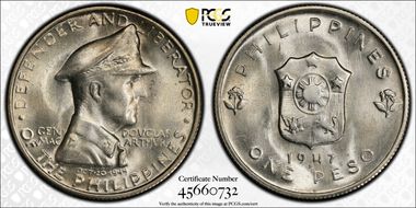 1947-S Peso KM-185 MacArthur MS65