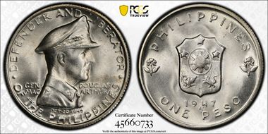 1947-S Peso KM-185, MacArthur MS66