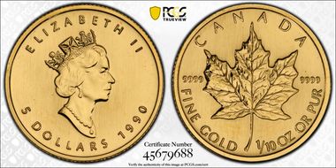 1990 $5 Maple Leaf/Au MS68