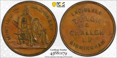 (c.1922) Token Taylor & Challen Brass 38mm RE AU58