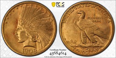 1908-D $10 No Motto AU58