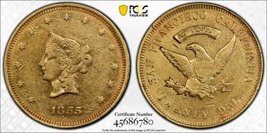 1855 $20 Wass, Molitor & Co. Small Head AU50