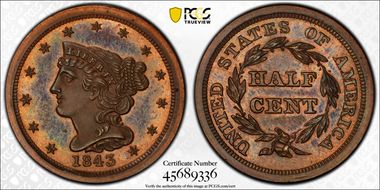 1843 1/2C Restrike, Rev. of 1856 PR65BN