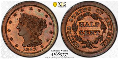 1843 Res 1/2C Reverse of 1840 PR65RB