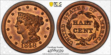 1848  1/2C 1st Restrike, Rev of 1856 PR65RB